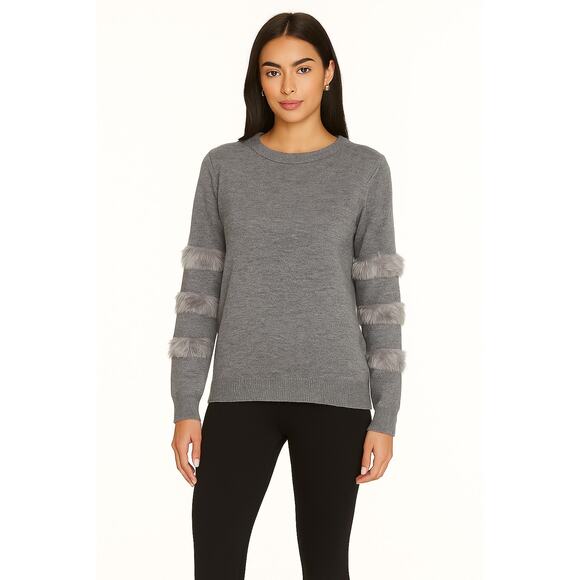 Allison New York Faux Fur Trim Sweater in Heather Gray – NWT Size Large - Picture 1 of 5